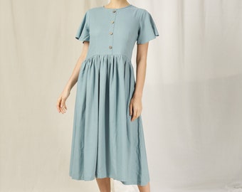 Vintage Linen Dress with Frill Sleeves – Linen Midi Dress with short sleeves – Linen dress with pocket – Linen Loose Fit Dress