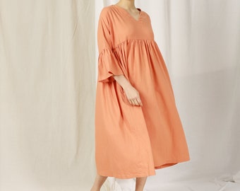 Oversize Linen Dress with Bell Sleeves – Boho Linen Dress – Long Linen Dress – Deep V – neck Linen Dress