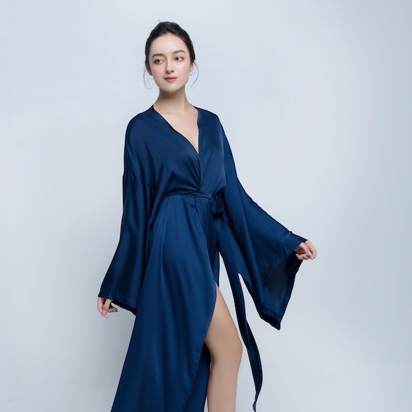 Bridal Long Silk Robe - Wedding Robe - Floor Length Gown - Silky Kimono Sleeves Long Robe  - Long Women's Robe - Long Robe