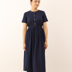 Linen Midi Dress with Elastic Waist - Linen Short Sleeves Dress - Summer Short Sleeves Dress for Women – Linen Dress for Woman with Pockets