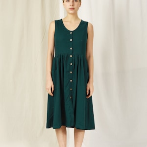 Sleeveless Linen Dress with belt – Sleeveless Midi Tunic with Pockets – Cansual Knee Length – Summer Midi Dress