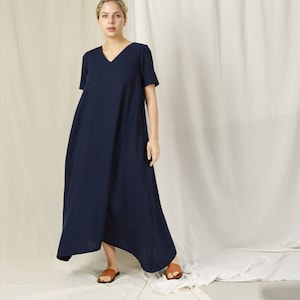Linen Maxi Dress - Linen Dress with Pockets and Belt - Linen Clothing for Women – Short Sleeved Linen Summer Dress for Women