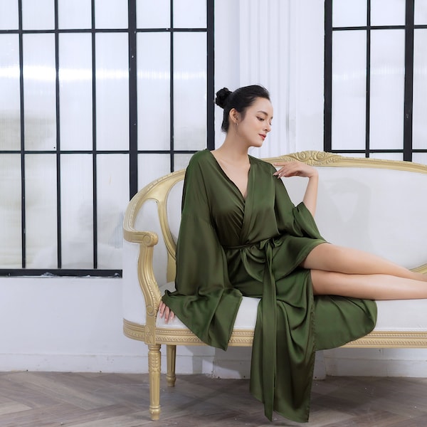 Bridal Long Silk Robe - Floor Length Gown - Silky Kimono Sleeves Long Robe - Wedding Robe - Long Women's Robe