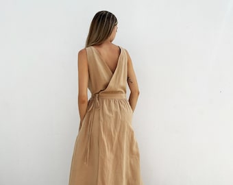 Midi Linen Wrap Dress – Linen Summer Dress with Pockets – Open Back Linen Dress – Sleeveless Linen Dress – Washed Linen Dress