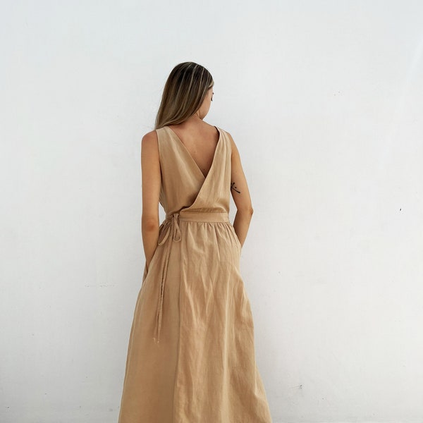 Midi Linen Wrap Dress – Linen Summer Dress with Pockets – Open Back Linen Dress – Sleeveless Linen Dress – Washed Linen Dress