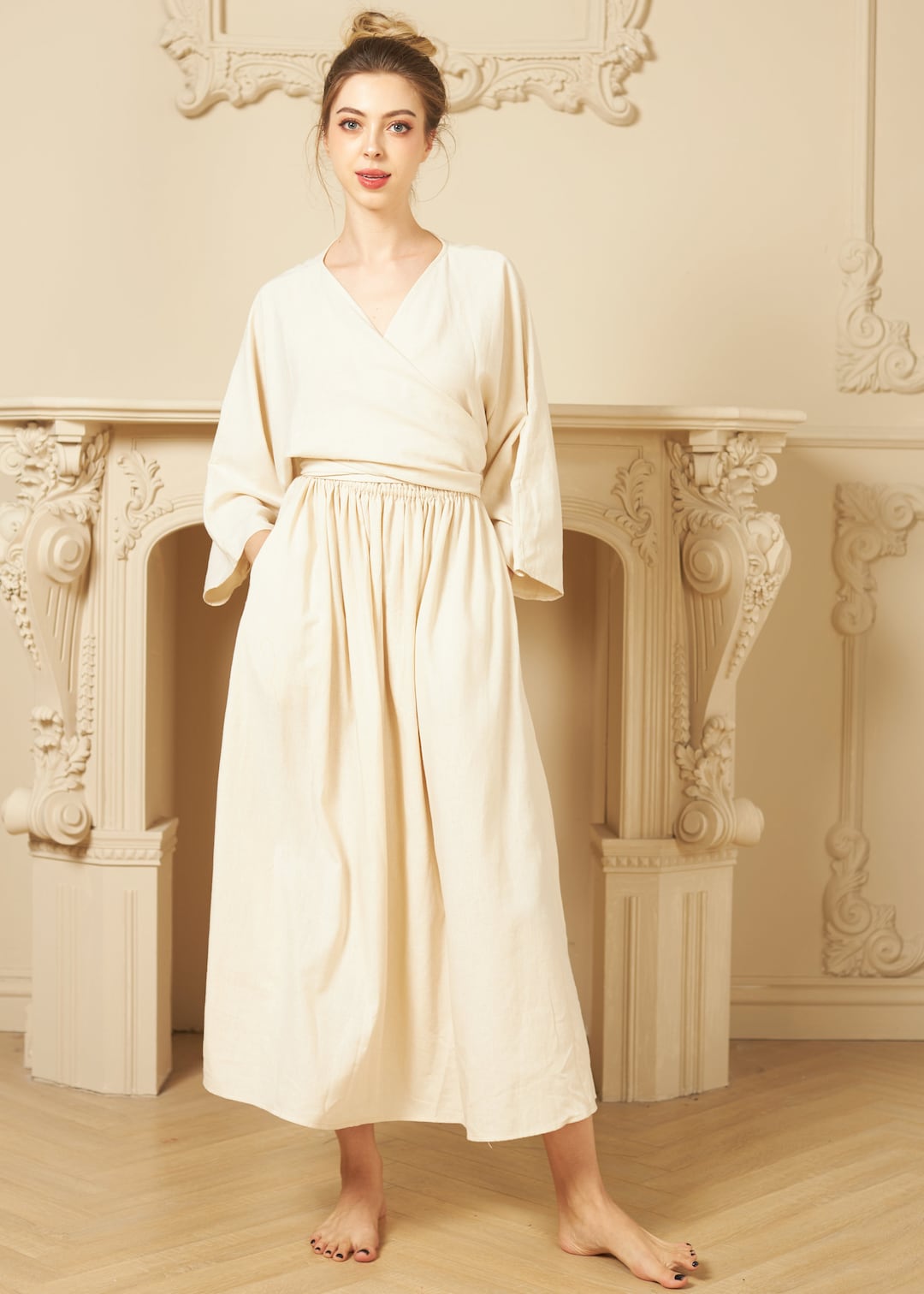 Linen Wrap Dress Linen Midi Dress Long Linen Dress for Summer Women's