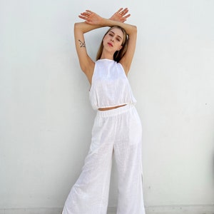 Linen Set Clothing – Long Linen Pants and Linen Top Sleeveless – Linen Beach Suit – Linen Wide Trousers – Linen Top Sleeveless