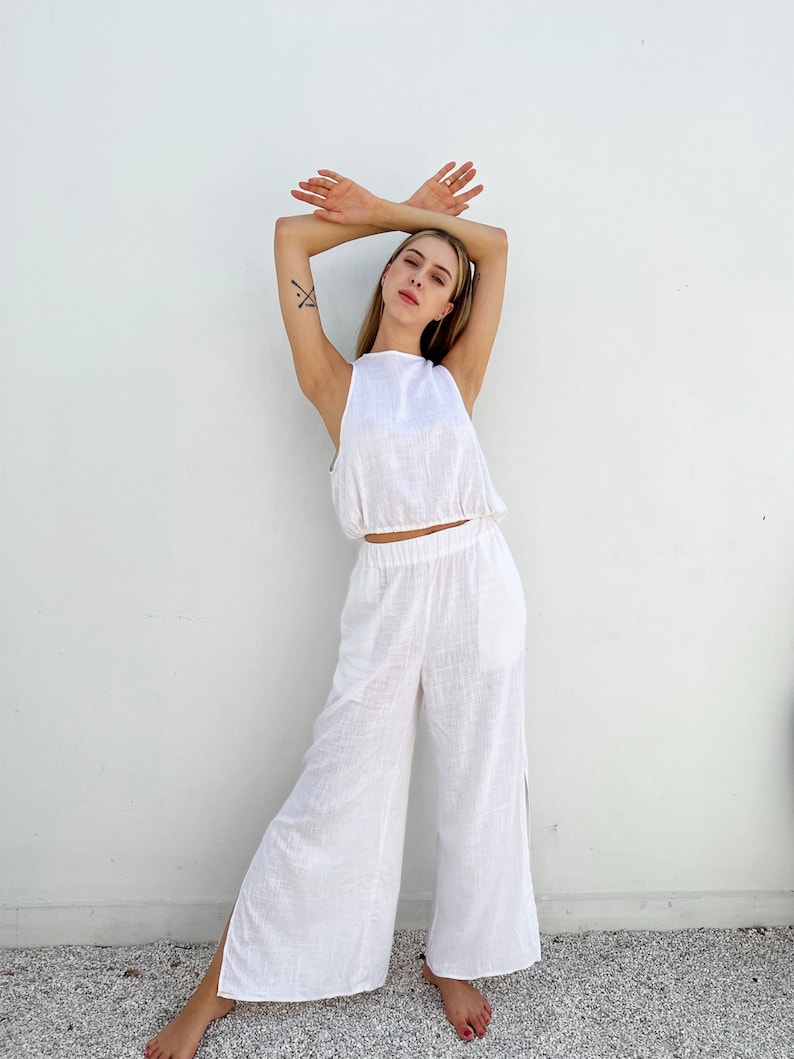 Linen Set Clothing Long Linen Pants and Linen Top Sleeveless Linen Beach Suit Linen Wide Trousers Linen Top Sleeveless image 1