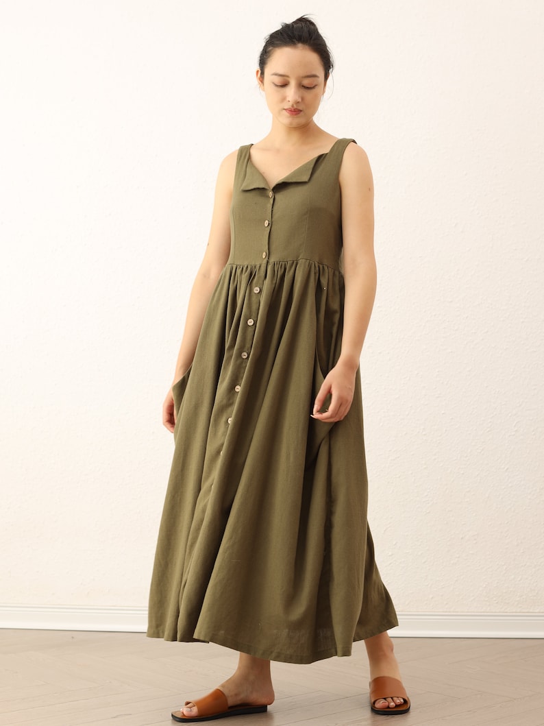 Long Linen Dress Linen Summer Dress Linen Maxi Dress Sleeveless Linen Dress Washed Linen Dress Linen Dress with Pockets image 5