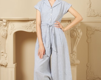 Linen Jumpsuit - Linen Romper With Belt - Boho Jumpsuit - Loose Linen Overalls - Women Linen Jumpsuit Plus Size – Jumsuit for Summer