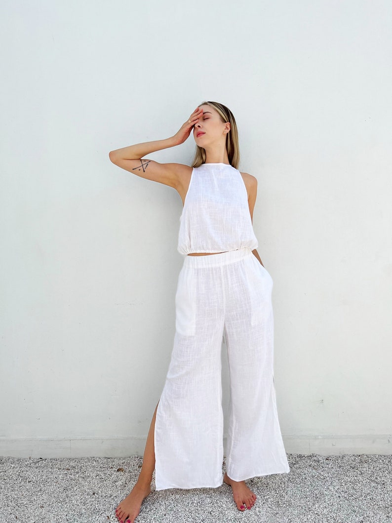 Linen Set Clothing Long Linen Pants and Linen Top Sleeveless Linen Beach Suit Linen Wide Trousers Linen Top Sleeveless image 7