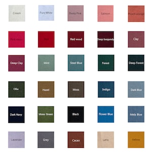 Puede incluir: Una carta de colores con 25 muestras de tela, cada una etiquetada con un nombre de color. Los colores incluyen crema, blanco puro, rosa polvoriento, salm&oacute;n, naranja melocot&oacute;n, rosa ne&oacute;n, rojo, madera roja, burdeos oscuro, arcilla, arcilla oscura, menta, azul acero, bosque, bosque profundo, oliu, avellana, musgo, &iacute;ndigo, azul oscuro, azul marino oscuro, verde musgo, negro, azul flor, azul mela, lavanda, gris, cacao, latte y amarillo.