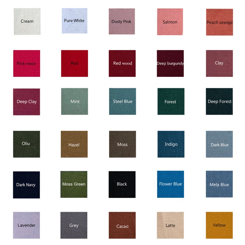 Puede incluir: Una carta de colores con 25 muestras de tela, cada una etiquetada con un nombre de color. Los colores incluyen crema, blanco puro, rosa polvoriento, salm&oacute;n, naranja melocot&oacute;n, rosa ne&oacute;n, rojo, madera roja, burdeos oscuro, arcilla, arcilla oscura, menta, azul acero, bosque, bosque profundo, oliu, avellana, musgo, &iacute;ndigo, azul oscuro, azul marino oscuro, verde musgo, negro, azul flor, azul mela, lavanda, gris, cacao, latte y amarillo.