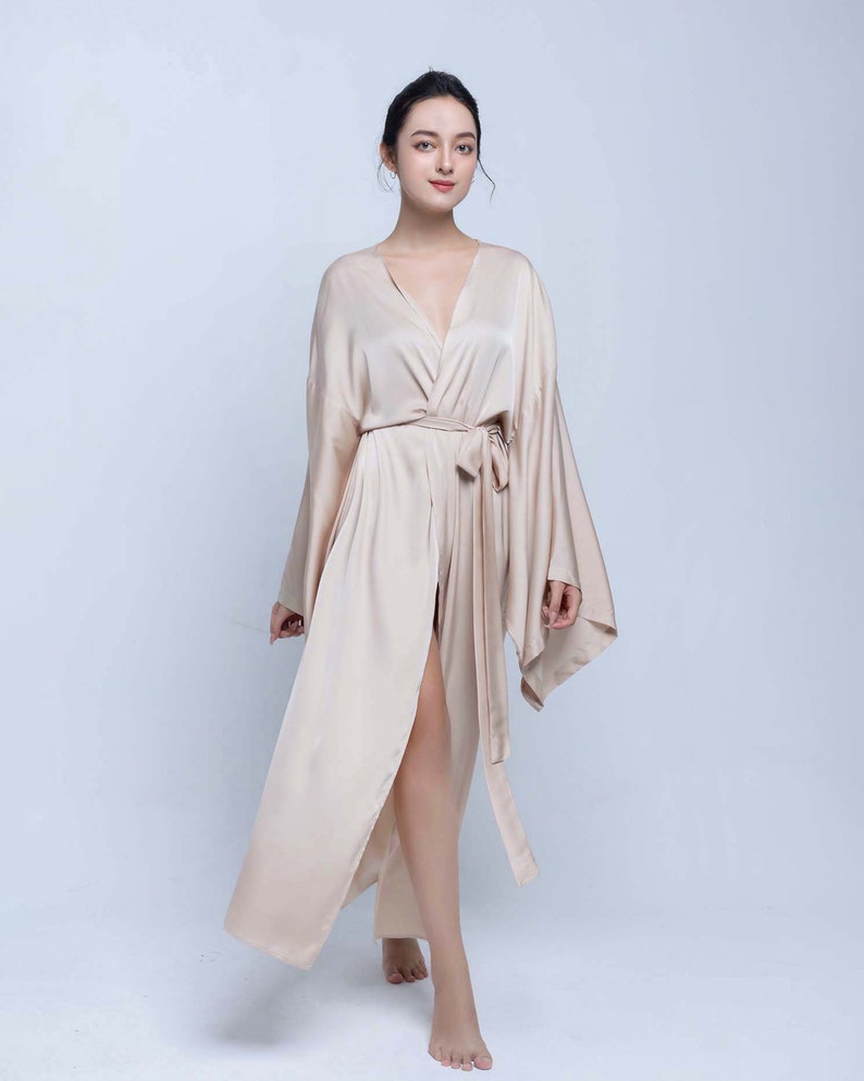 Plus Size Silk Robe for Women Bridesmaid Robe Silk Kimono Robe Floor Length for Women Long Robe for Bridal image 2