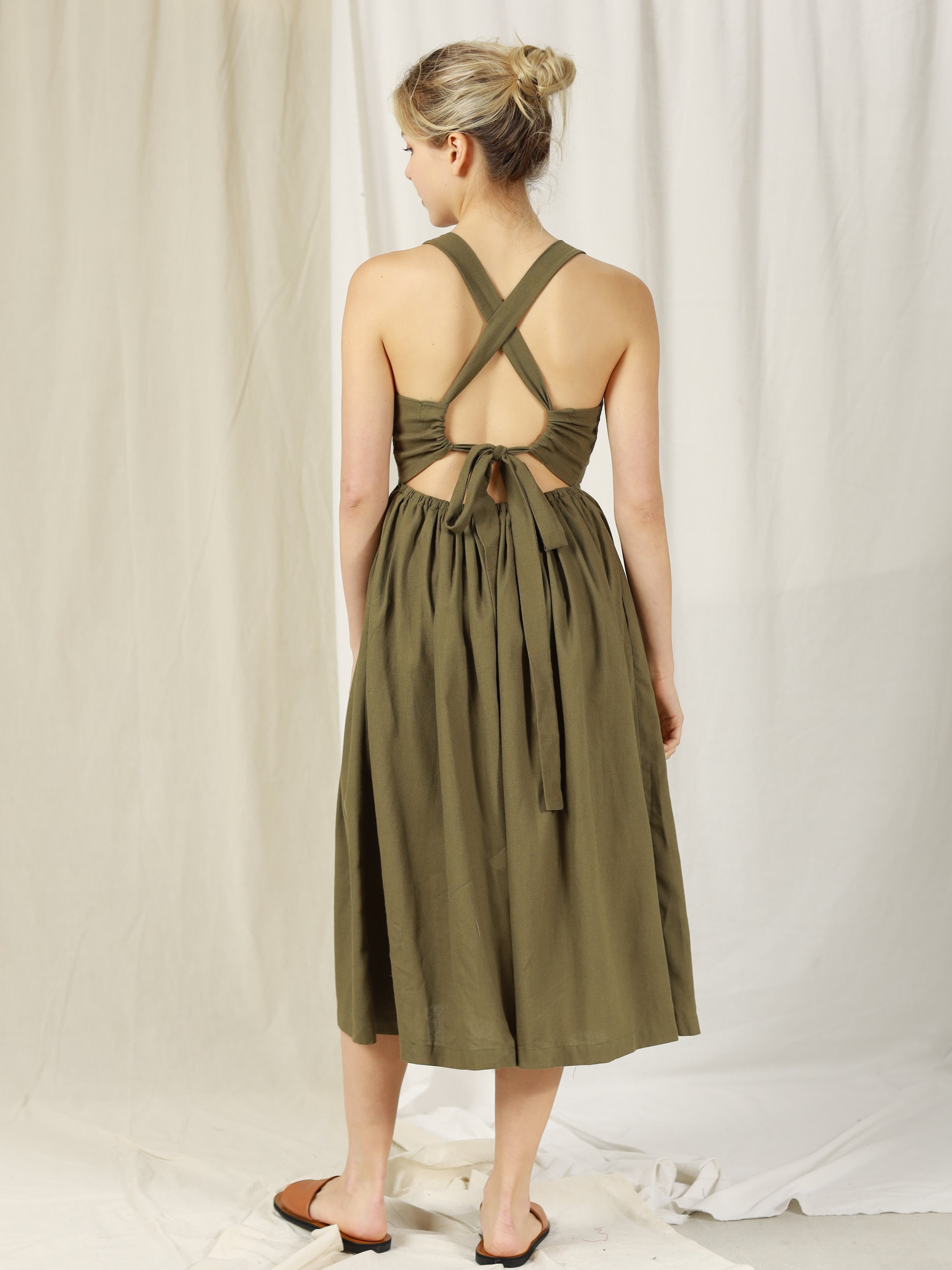 Apron Linen Dress - Cross Back Linen Dress - Midi Linen Dress - Summer Linen Dress - Sleeveless Midi Dress - Open Back Linen Dress
