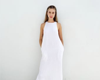 Langes Leinenkleid – Sommerkleid – Leinen Maxikleid – Ärmelloses Leinenkleid – Gewaschenes Leinenkleid – Leinenkleid mit Taschen