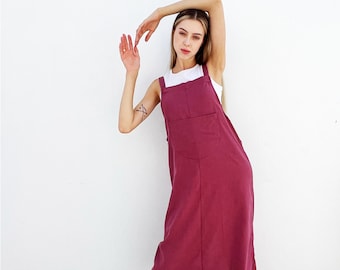 Linen Apron Dress – Linen Long Pinafore Dress – Overall Dress -  Maxi Jumper Dress - Washed Linen Pinafore Dress – Summer Pinafore