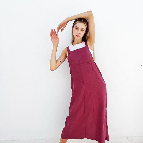 Linen Apron Dress – Linen Long Pinafore Dress – Overall Dress -  Maxi Jumper Dress - Washed Linen Pinafore Dress – Summer Pinafore