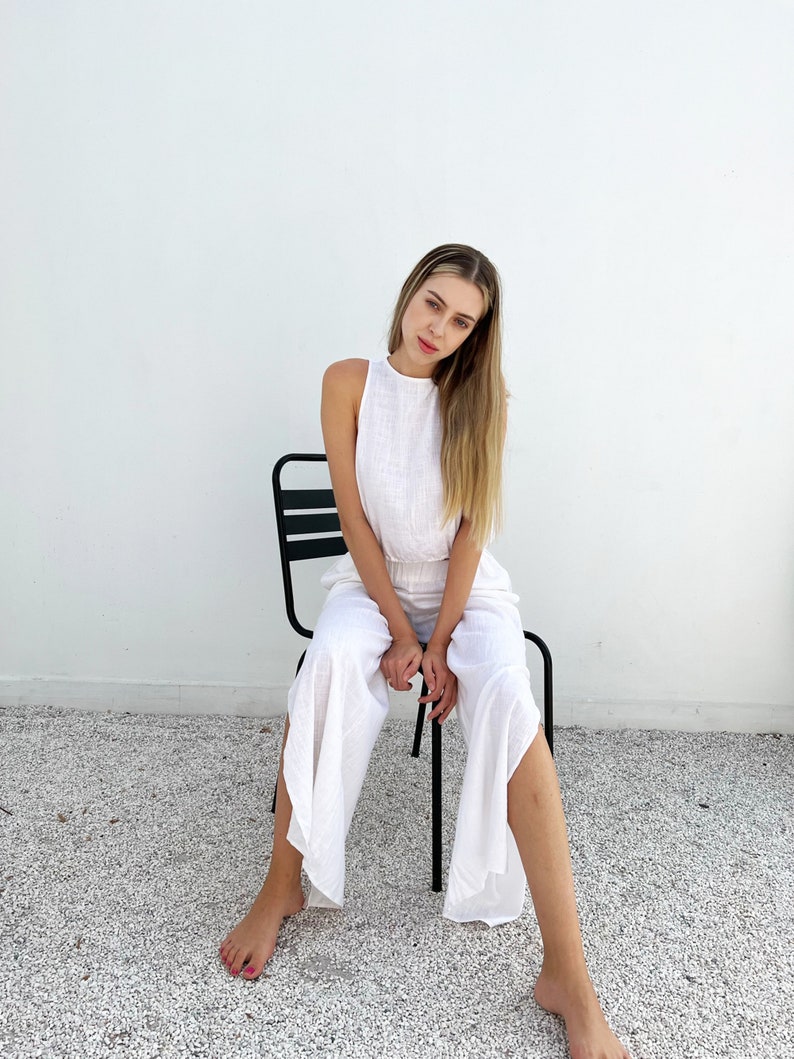 Linen Set Clothing Long Linen Pants and Linen Top Sleeveless Linen Beach Suit Linen Wide Trousers Linen Top Sleeveless image 3