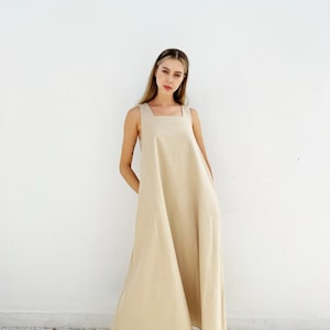 Long Linen square neck Dress – Linen Dress with Pockets  - Linen Summer Dress – Linen Maxi Dress – Sleeveless Linen Dress