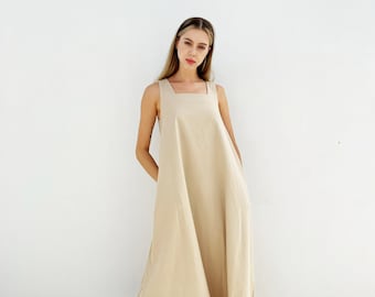 Langes Leinenkleid mit eckigem Ausschnitt – Leinenkleid mit Taschen – Ärmelloses Leinenkleid