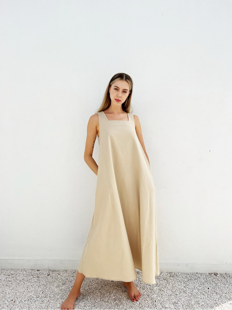 Long Linen square neck Dress Linen Dress with Pockets Linen Summer Dress Linen Maxi Dress Sleeveless Linen Dress image 1
