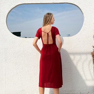 Midi Linen Open Back Dress - Organic Linen Dress – Dress Open Back For Women–Midi Washed Linen Summer Dress – Washed Long Linen V-neck Dress
