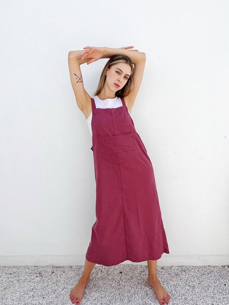 Linen Apron Dress Linen Long Pinafore Dress Overall Dress Maxi Jumper Dress Washed Linen Pinafore Dress Summer Pinafore image 6