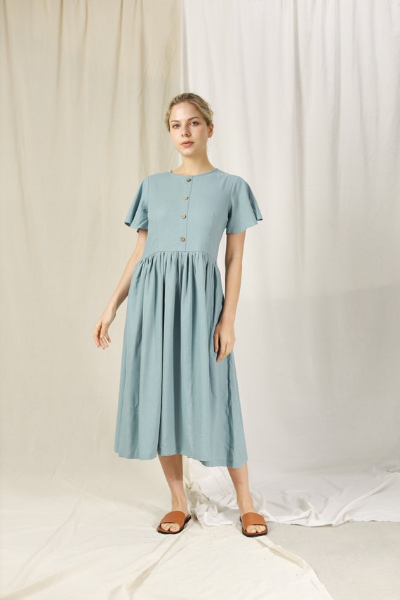 Vintage Linen Dress with Frill Sleeves - Linen Midi Dress with Short Sleeves - Linen Dress with Pocket - Linen Loose Fit Dress