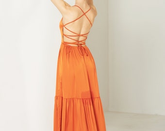 Women Summer Dress -  Long Silk Dress – Maxi Floor Length Dress - Silk Maxi Dress – Open back Dress –  Summer Dress for Women