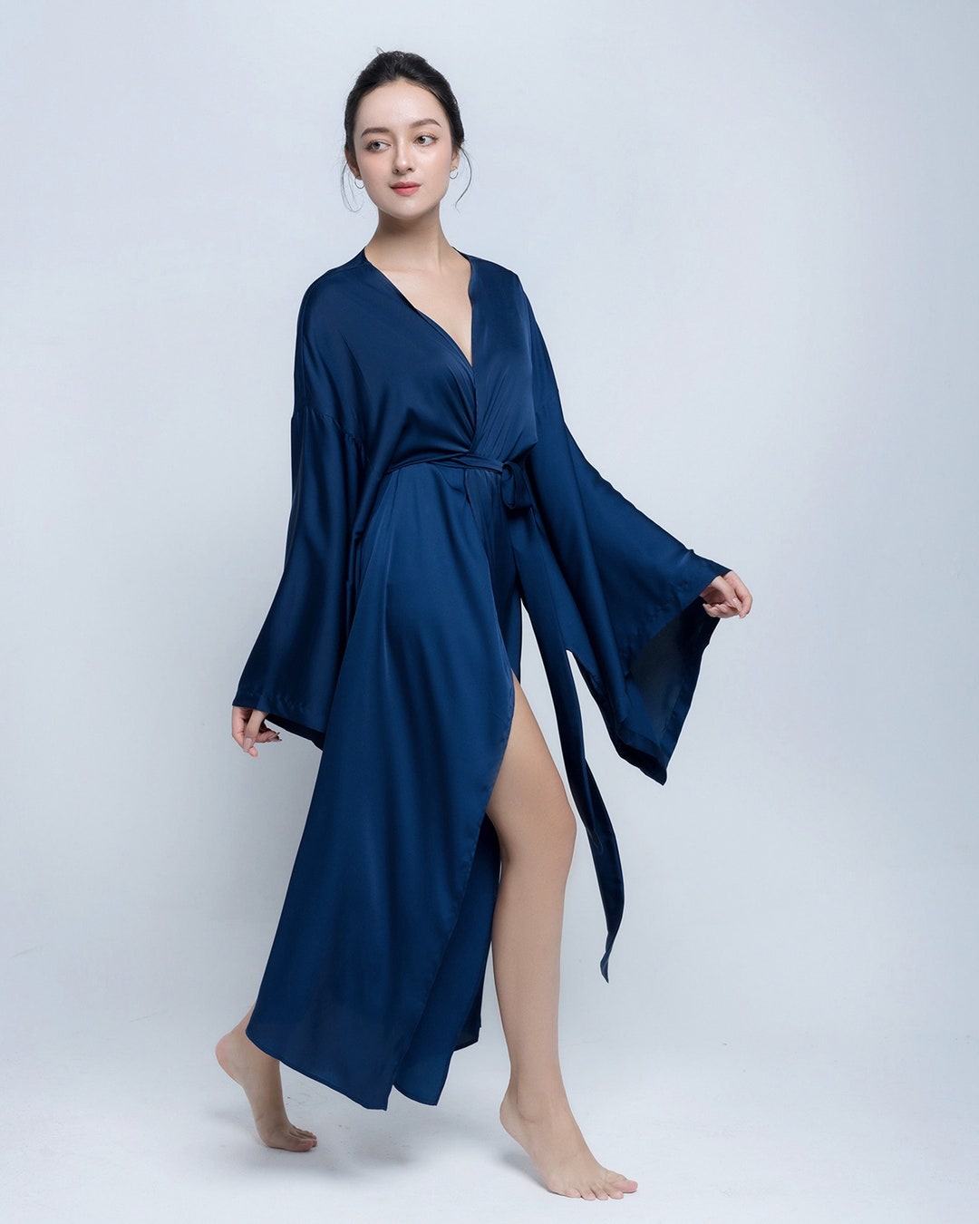 Bridal Long Silk Robe Wedding Robe Floor Length Gown Silky Kimono
