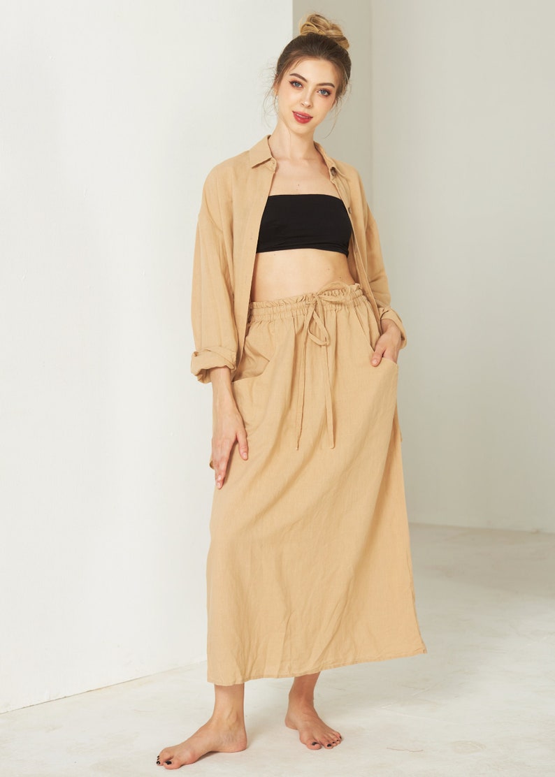 Linen Set Womens Clothing Consists of Linen Shirt Top and Linen Skirt Linen Midi Skirt Linen Set Top Shirt and Midi Skirt image 1
