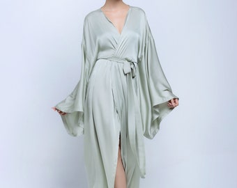 Plus Size Silk Robe for Women - Bridesmaid Robe Mint Color - Silk Kimono Robe Floor Length for Women - Long Robe for Bridal