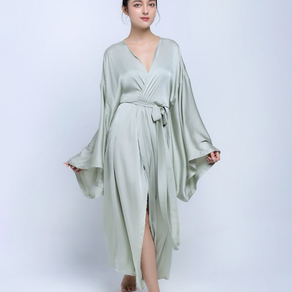 Plus Size Silk Robe for Women - Bridesmaid Robe Mint Color - Silk Kimono Robe Floor Length for Women - Long Robe for Bridal