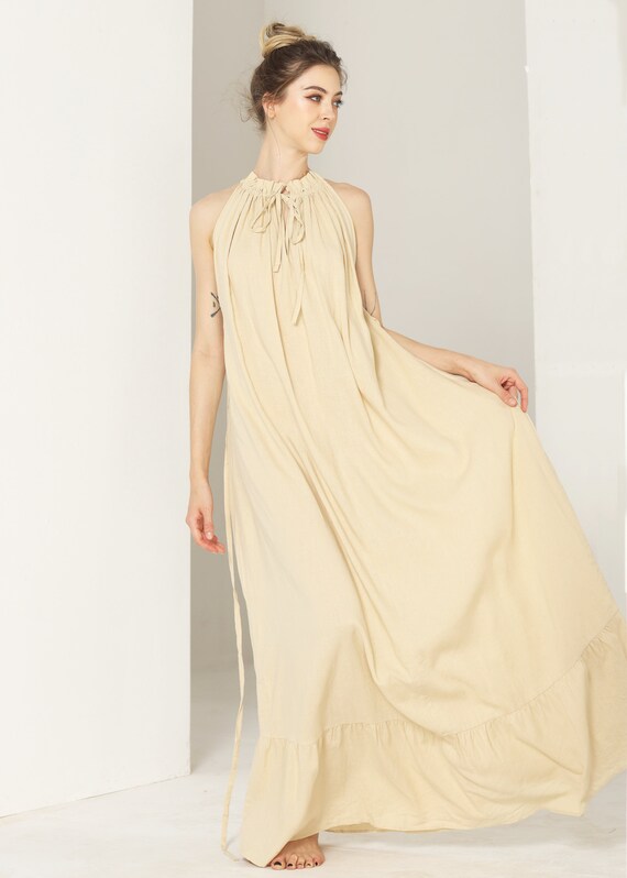 Linen Dress in Maxi Floor Length - Drop Ruffle Maxi Linen Dress - Long Dress for Women with Belt - Maxi Washed Linen Summer Dress