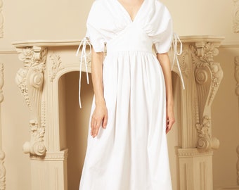 Sommer Midi Kleid für Damen - Handgemachte Kleidung für Frauen - Sommerkleid mit kurzen Ärmeln - Vintage Stil Leinenkleid - Hochzeitskleid