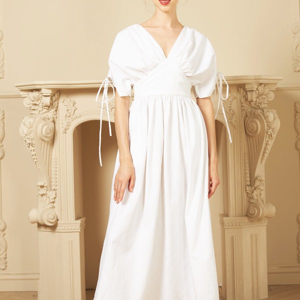 Robe Midi d’été pour femmes - Vêtements faits à la main pour femmes – Robe d’été manches courtes - robe en lin de style vintage – Robe de mariée