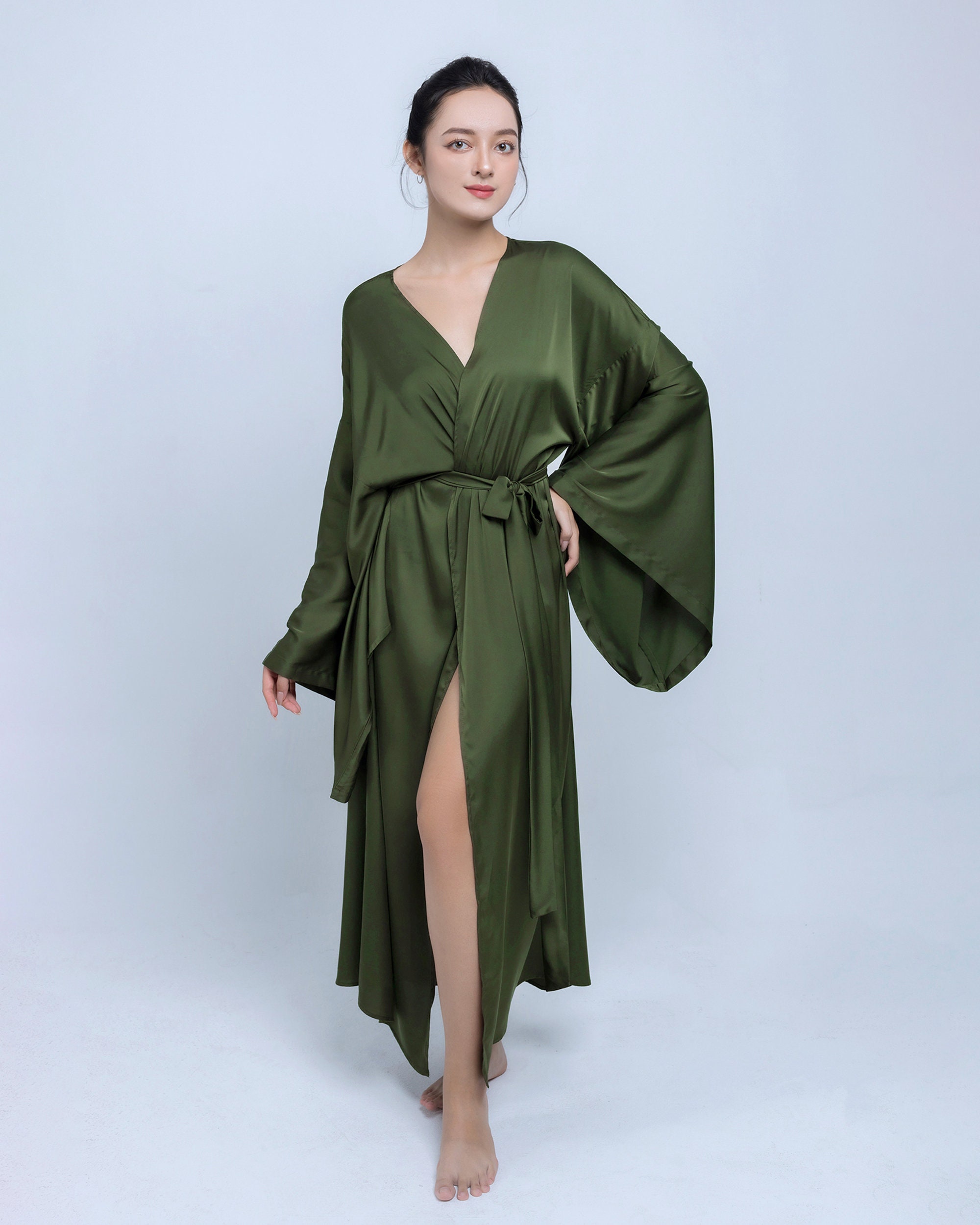 Leg Length Robe Bridal Long Silk Robe Floor Length Gown Silky Kimono Sleeves Long Robe ...