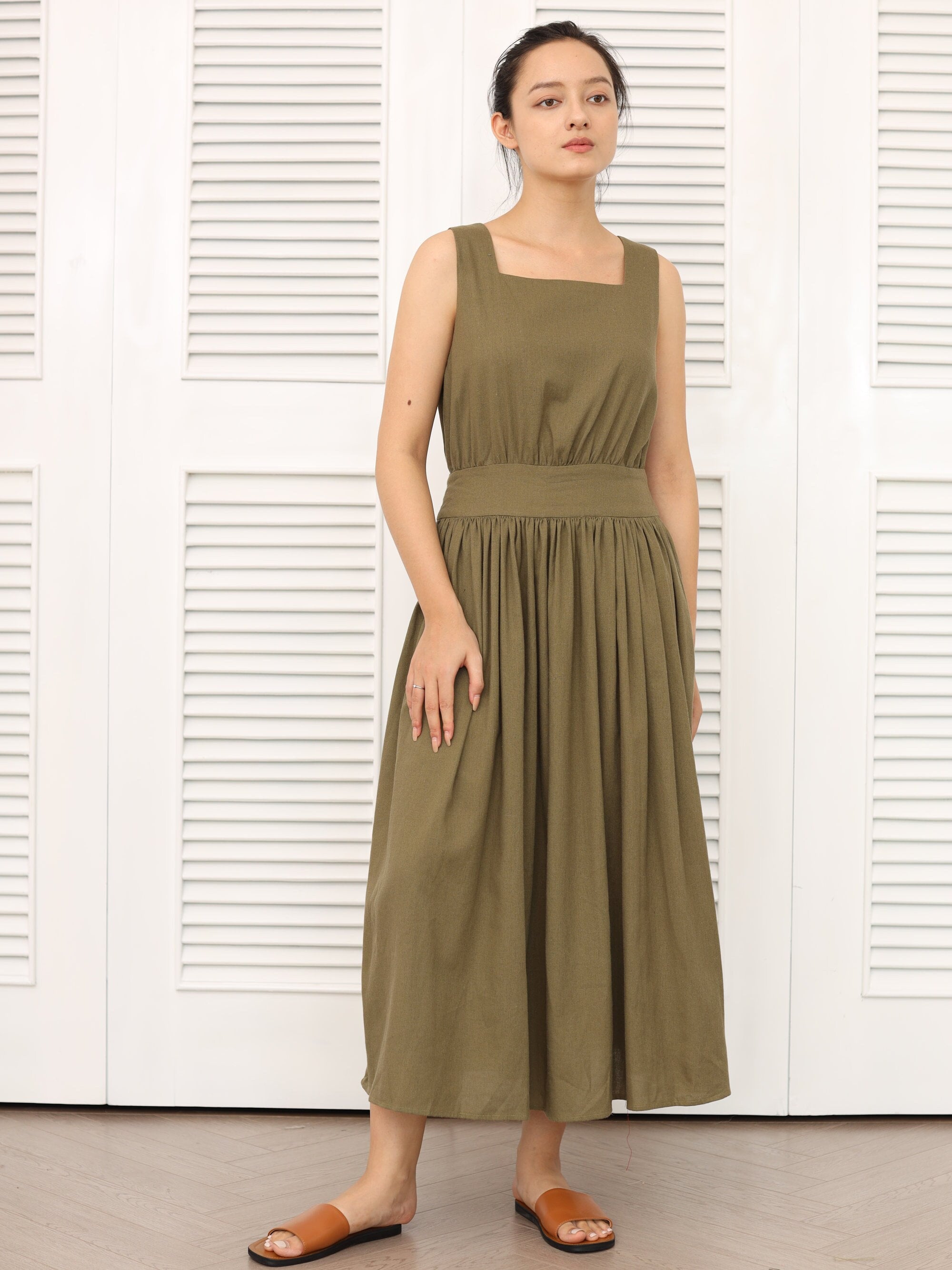 Sleeveless Midi Linen Column Regular Casual Dress kmy24y40506