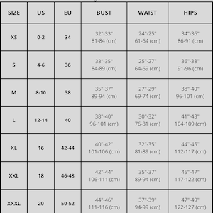 May include: Size chart for linen clothing with measurements in inches and centimeters. The chart shows sizes XS through XXXL with corresponding US, EU, bust, waist, and hip measurements.