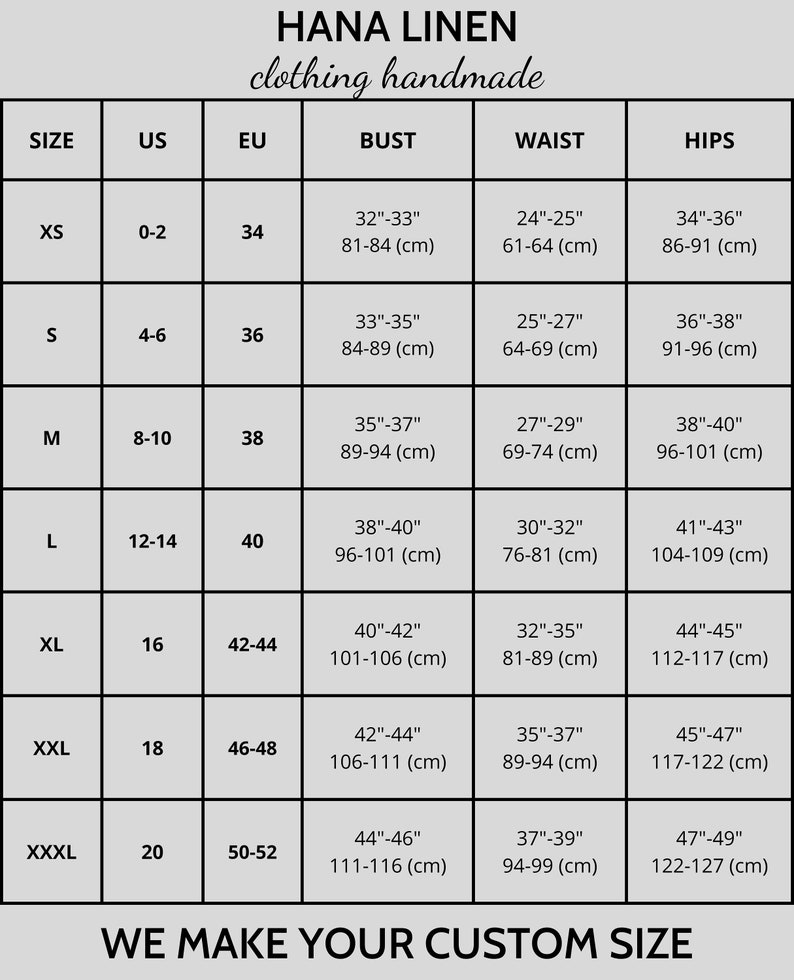 May include: Size chart for linen clothing with measurements in inches and centimeters. The chart shows sizes XS through XXXL with corresponding US, EU, bust, waist, and hip measurements.