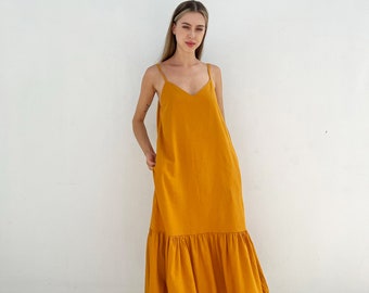 Robe en lin Drop Ruffle Slip - Robe en lin slip pour femme - Robe d’été en lin - Robe slip en lin biologique avec poches