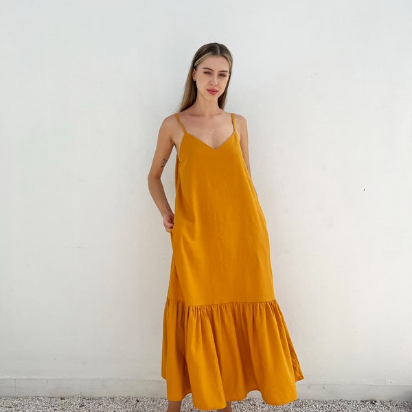 Robe en lin Drop Ruffle Slip - Robe en lin slip pour femme - Robe d’été en lin - Robe slip en lin biologique avec poches