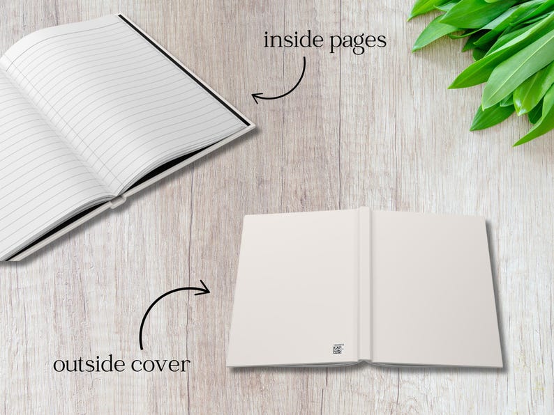 K&ouml;nnte beinhalten: Ein offenes Notizbuch mit linierten Seiten und einem schwarzen R&uuml;cken, neben dem &auml;u&szlig;eren Einband des Notizbuchs. Das Notizbuch liegt auf einer hellen Holzmaserung. Die W&ouml;rter "inside pages" und "outside cover" sind mit Pfeilen beschriftet.