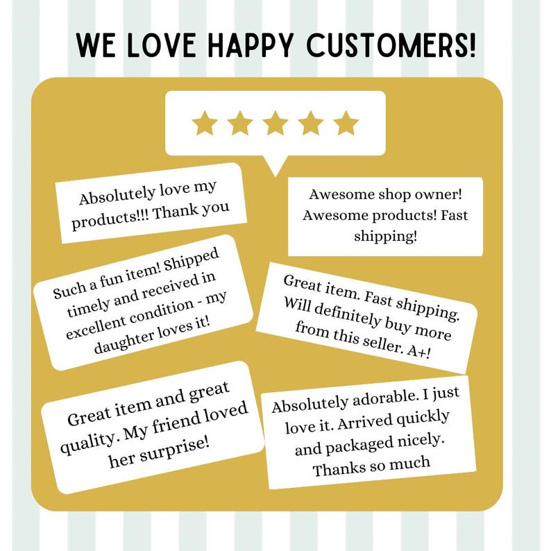 K&ouml;nnte beinhalten: Grafik mit dem Text &bdquo;WE LOVE HAPPY CUSTOMERS!&ldquo; und Kundenbewertungen. Die Bewertungen sind in wei&szlig;en Sprechblasen auf goldenem Hintergrund, mit f&uuml;nf goldenen Sternen oben.
