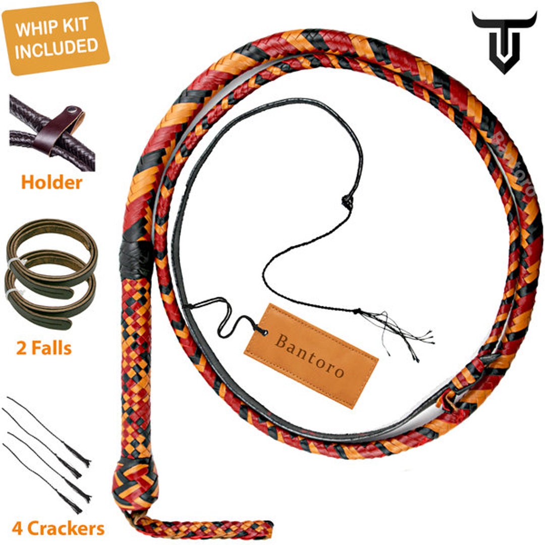 Fouet En Cuir De Kangourou Noir 4 Pieds (1,2m) 16 Tresses - Heavy Duty - Neuf - Marque Leather Phob