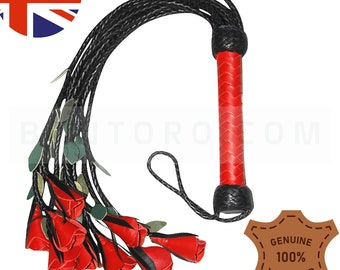 Premium genuine Leather Flogger 9 Braided Falls & Red Roses Heavy Duty Cat O Nine Tails 9 Rose Flogger Black BDSM Erotic Thuddy bondage