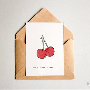 Postal de Sweet Pun / Eres especial de Cherry / Correo de feliz primavera / Arte minimalista lindo / Escrito a mano para ti