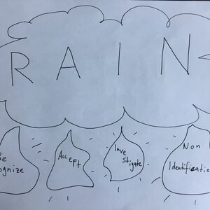 May include: Hand-drawn illustration on white paper. The word "RAIN" is written in large capital letters inside a cloud shape. Below the cloud are four bubble shapes with the words "Recognize", "Accept", "Investigate", and "Non Identification".