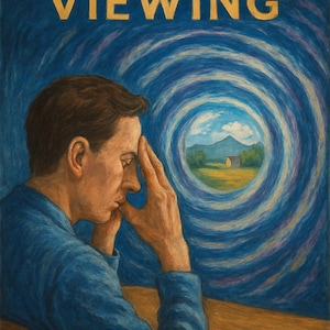 May include: An artistic painting with the words "REMOTE VIEWING" in gold lettering. A person in a blue shirt sits at a wooden table, with hands on their forehead, gazing into a swirling blue portal revealing a landscape with a house and mountains.